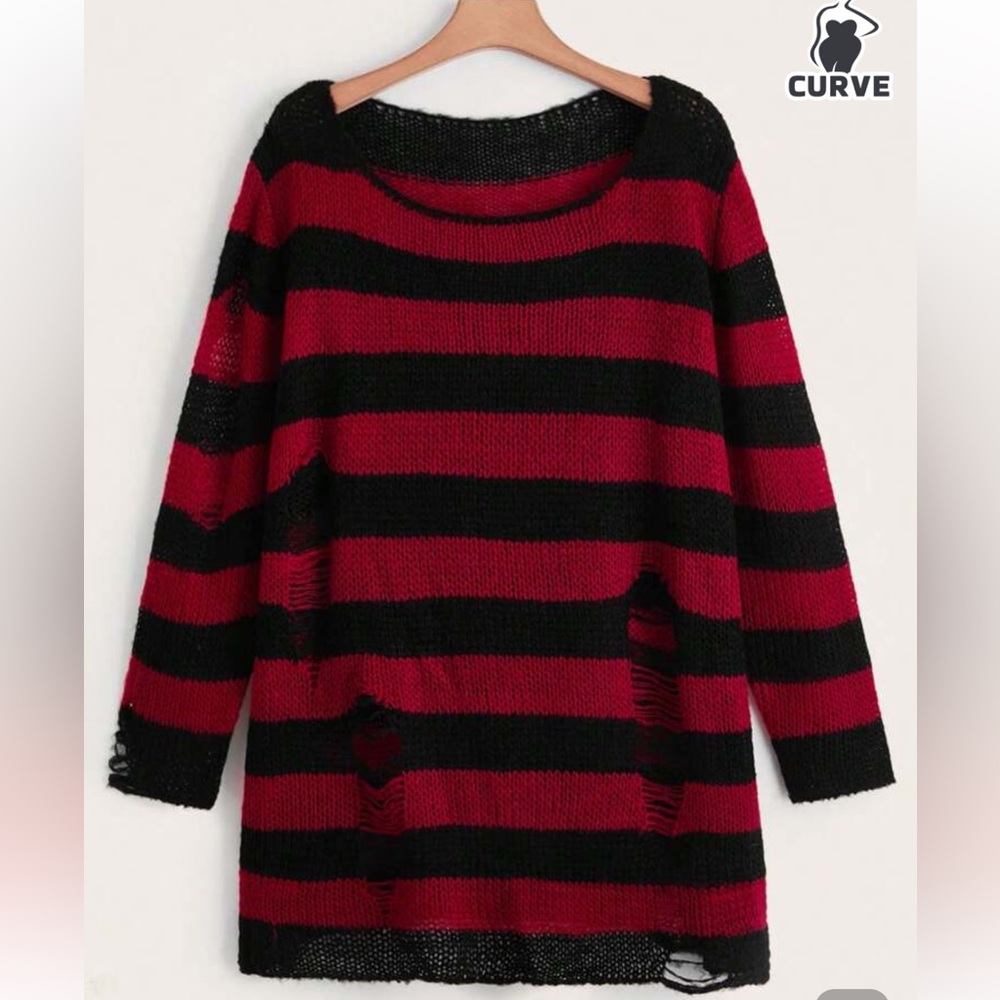 SHEIN Curve Killstar Red and Black Striped Distressed Sweater size 3X